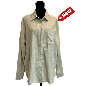 RW&CO women's oversized beige tan brown linen button down shirt Sz S NWT
